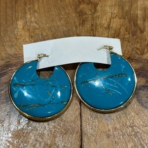 Large Round Teal and Gold Marbled Resin Dangly Earrings